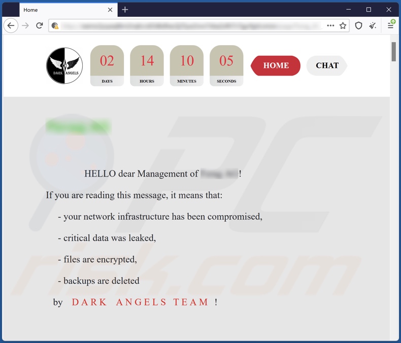 site do ransomware Dark Angels Team