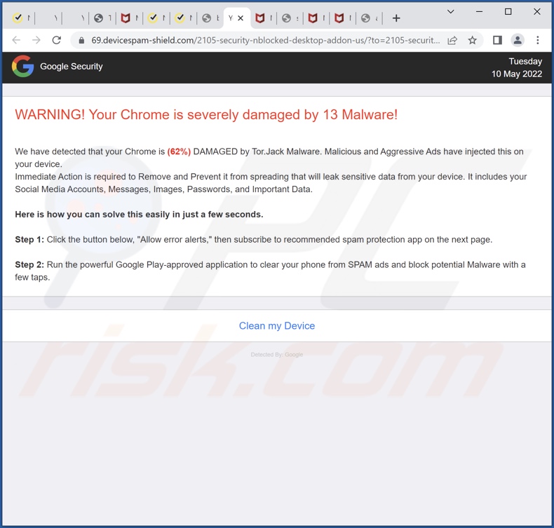 página de fundo do site a promover a fraude devicespam-shield[.]com