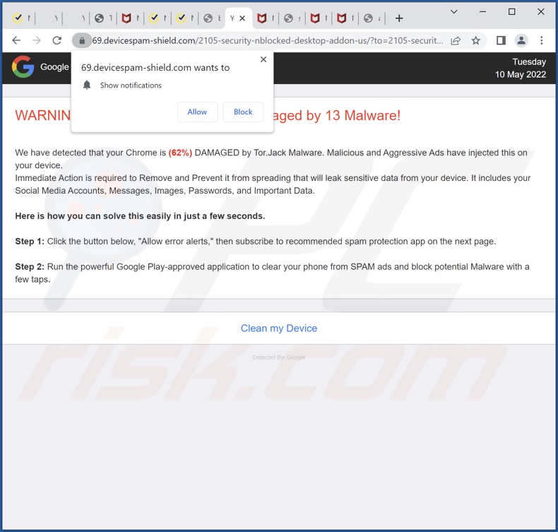 redirecionamentos pop-up devicespam-shield[.]com