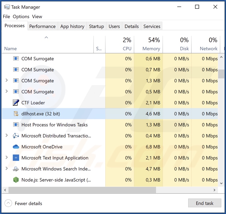 processo do malware Dllhost.exe no Gestor de Tarefas do Windows (nome do processo - 