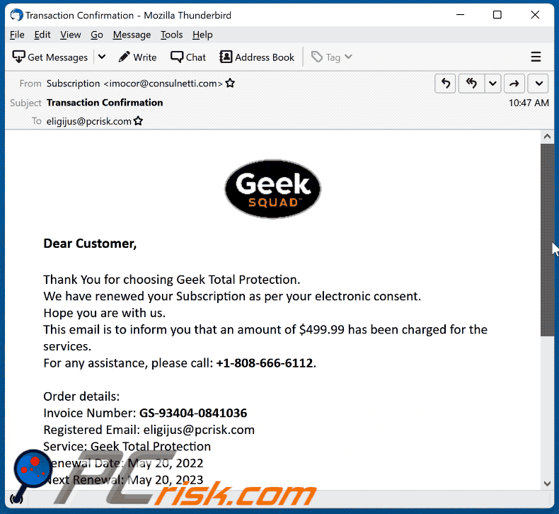 aparência da fraude por e-mail geek squad