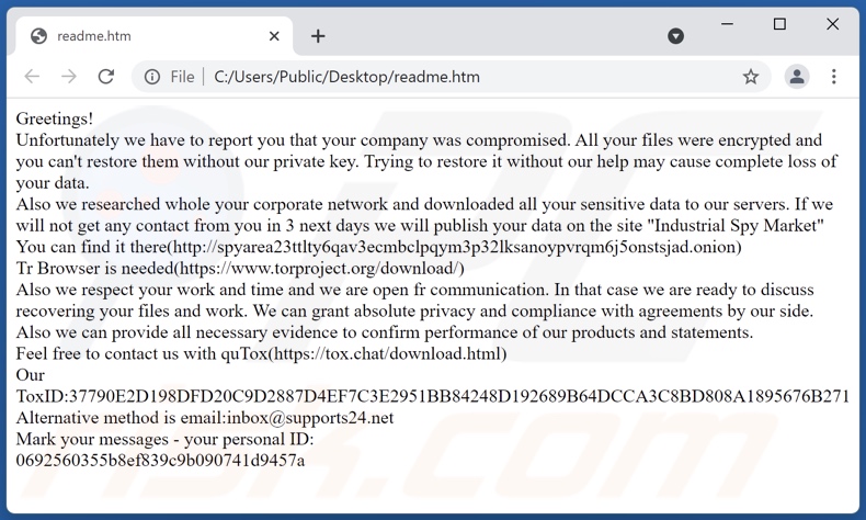 mensagem de pedido de resgate do ransomware Industrial Spy Market (readme.html)