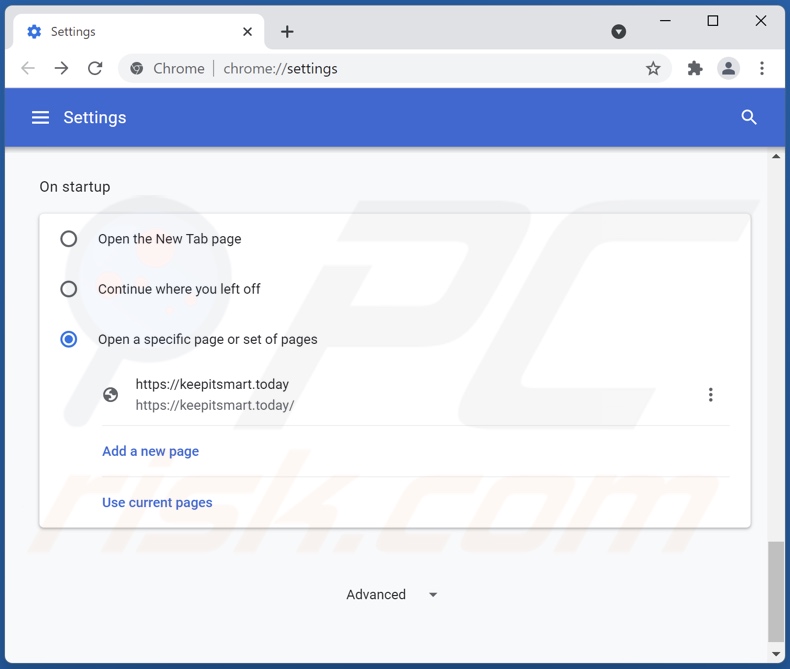 Removendo keepitsmart.today da página inicial do Google Chrome