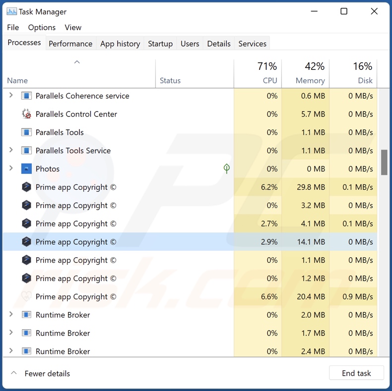 processo do adware Prime no Gestor de Tarefas do Windows (nome do processo 