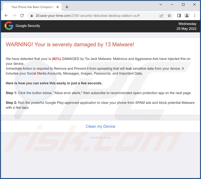 Página de fundo da fraude executada em save-your-time[.]com