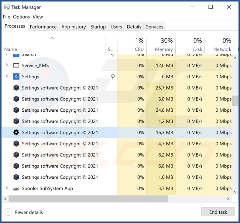 settings adware running in the task manager as Settings software Cadware Settings em execução no gestor de tarefas como software de definições Copyright © 2021opyright © 2021