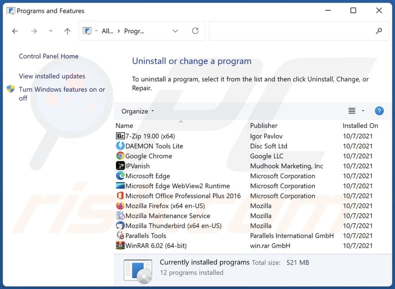 desinstalar o adware shade area através do Painel de Controlo