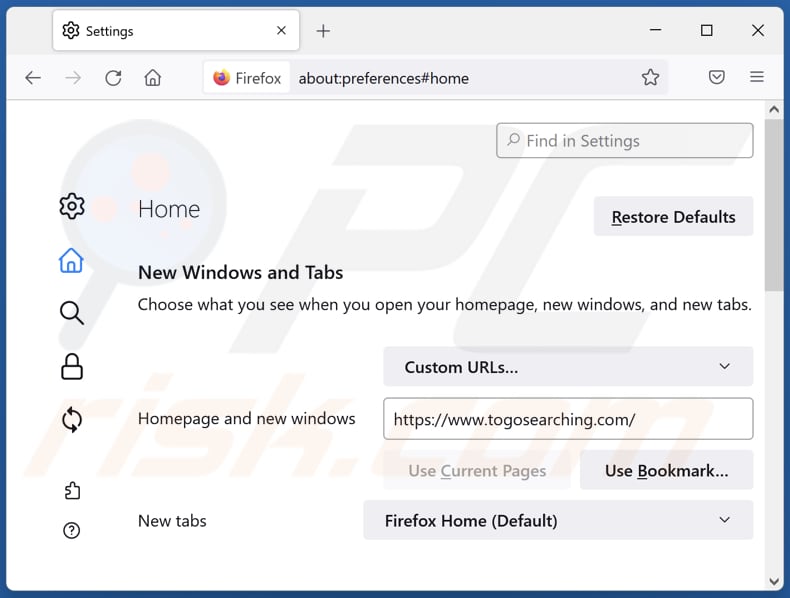 Remoção de togosearching.com da página inicial do Mozilla Firefox