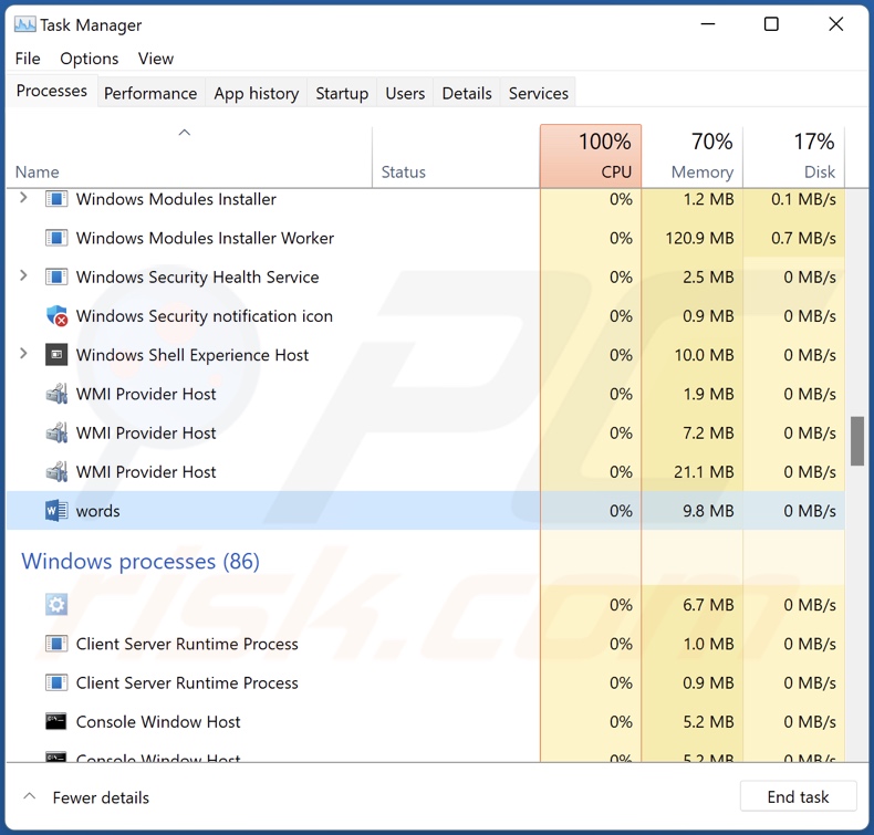 processo do malware Words no Gestor de Tarefas (palavras - nome do processo)