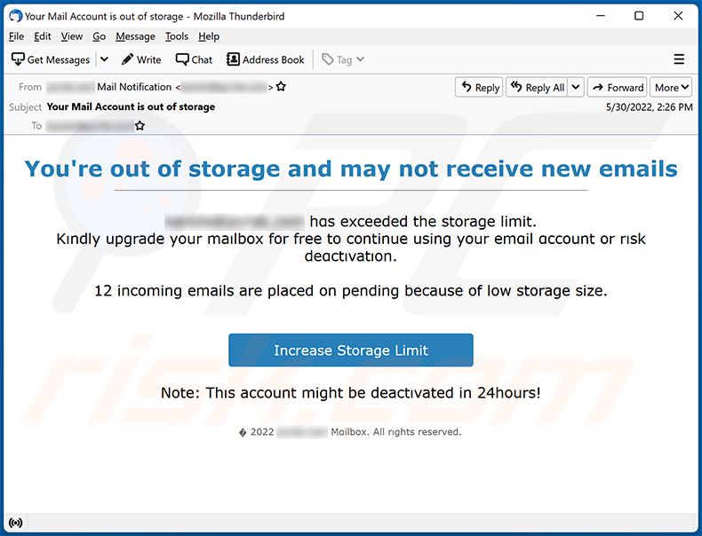 You're out of storage and may not receive novos emails de spam a promover um site de phishing