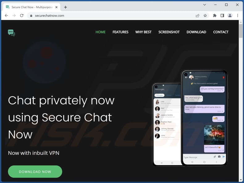 site de promoção do spyware Bahamut (securechatnow.com)