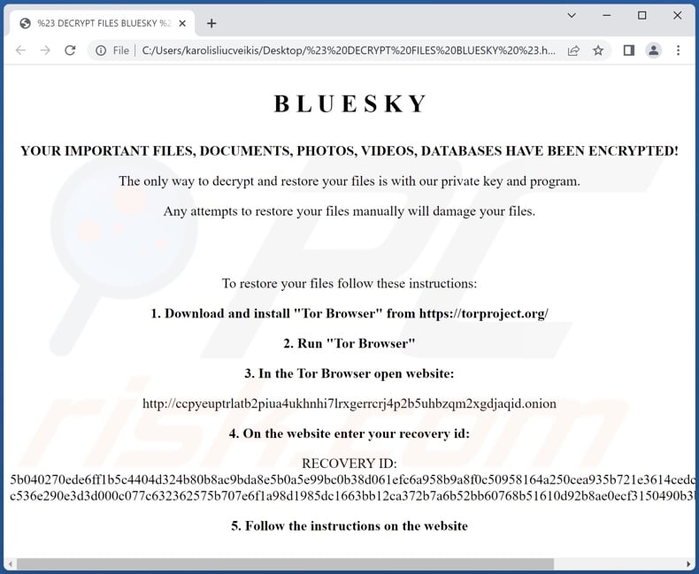 Mensagem de pedido exigente de resgate do ransomware BlueSky (# DECRYPT FILES BLUESKY #.html)