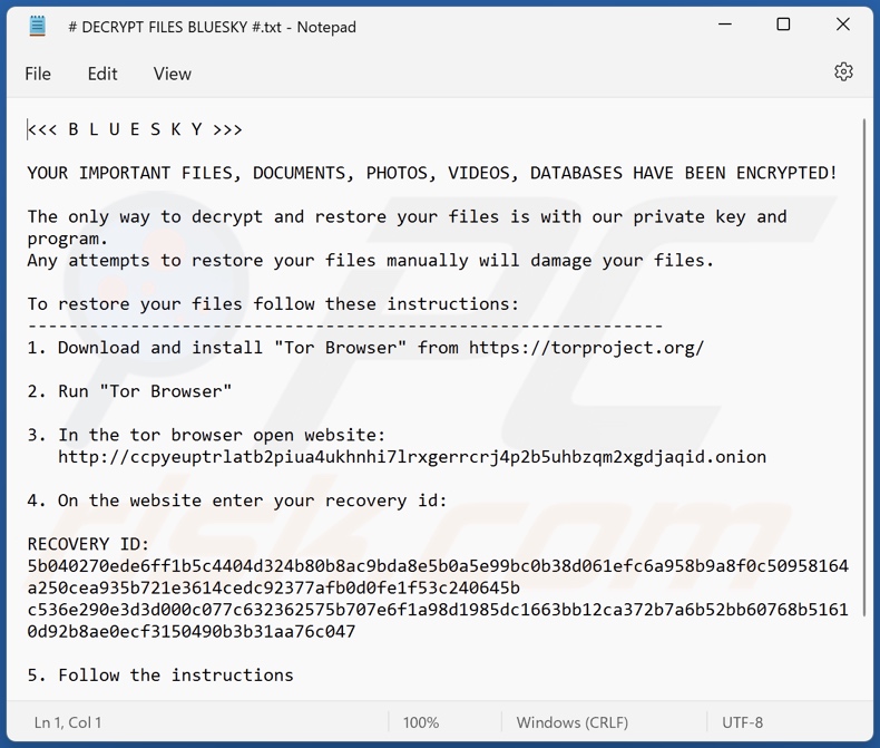 Ficheiro de texto do ransomware BlueSky (# DECRYPT FILES BLUESKY #.txt)