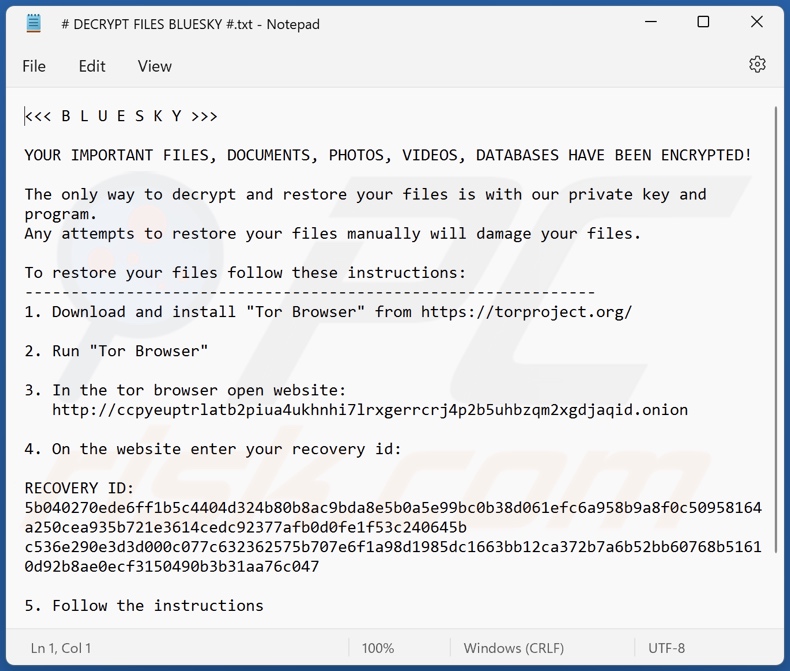 Ficheiro de texto do ransomware BlueSky (# DECRYPT FILES BLUESKY #.txt)