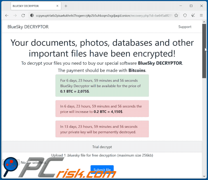 site Tor do ransomware BlueSky (GIF)