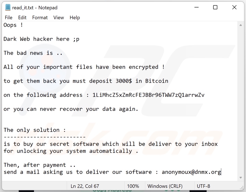  mensagem de resgate do ransomware  Dark Web Hacker (read_it.txt)