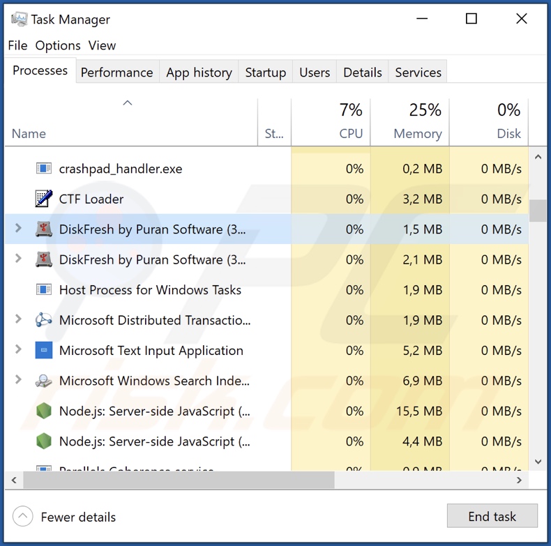 Processo do DiskFresh no Gestor de Tarefas do Windows (nome do processo 