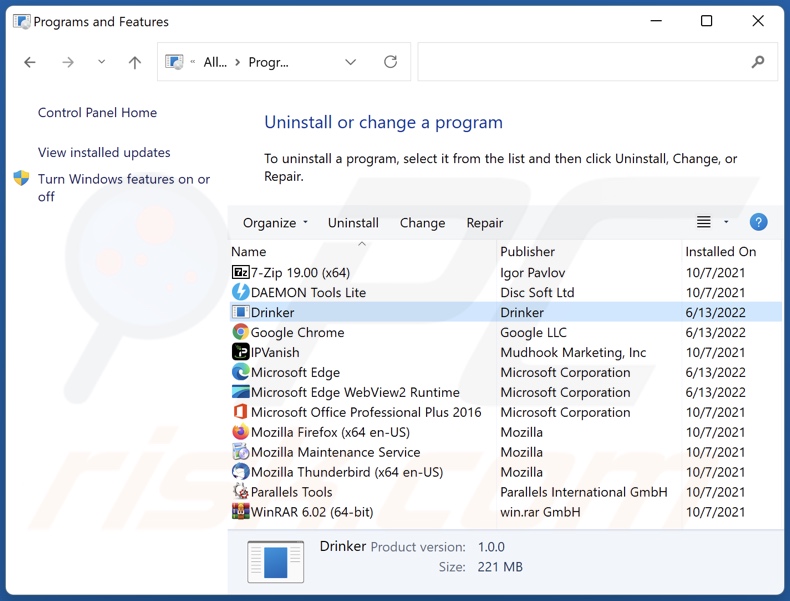 Desinstalação do adware Drinker através do Painel de Controlo