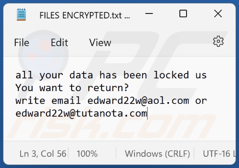 ficheiro de texto do ransomware Edw (FILES ENCRYPTED.txt)