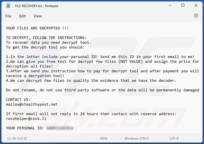 mensagem de pedido de resgate do ransomware FARGO (FILE RECOVERY.txt)