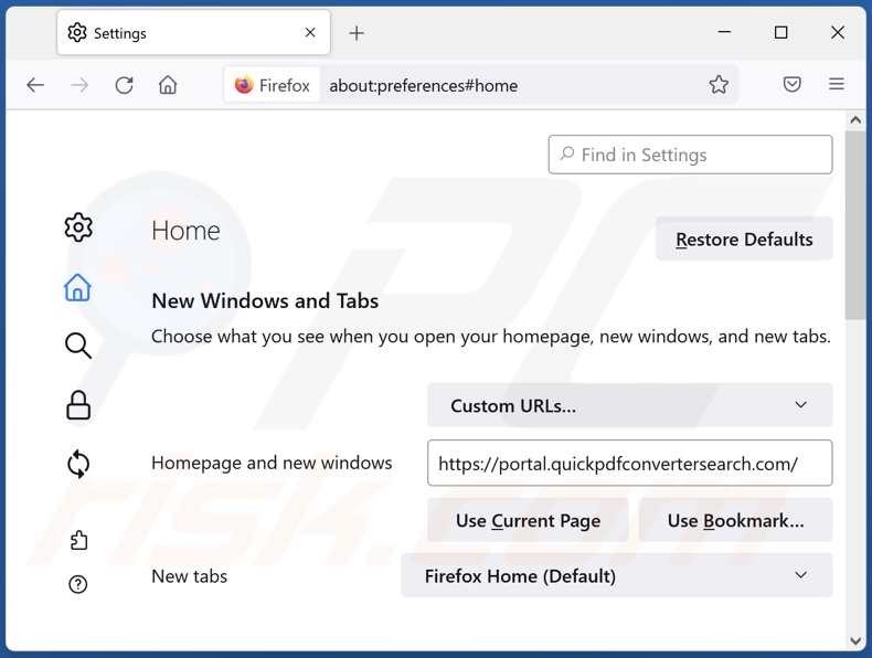 Remoção do motor de pesquisa falso da página inicial do Mozilla Firefox