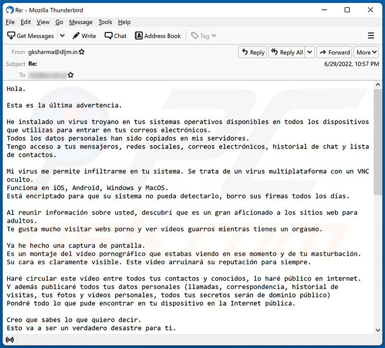 Variante espanhola da fraude por email Hello, Sacrifice. This Is My Last Warning!!! (2022-06-30)