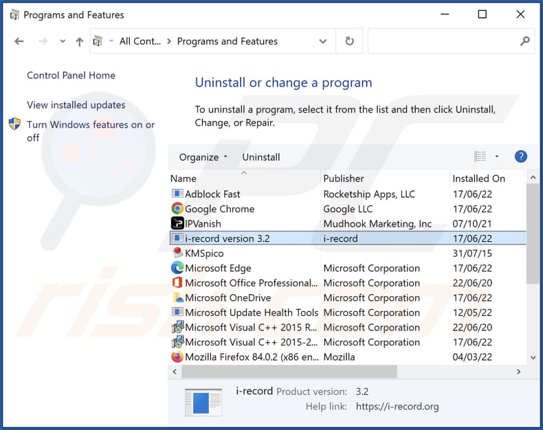 desinstalar o adware através do Painel de Controlo I-Record