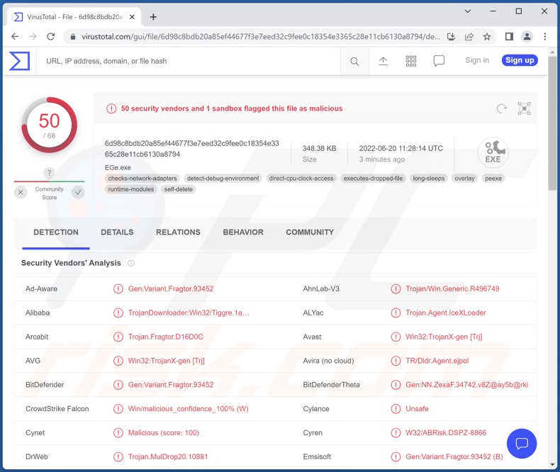 detecções do malware IceXLoader em VirusTotal