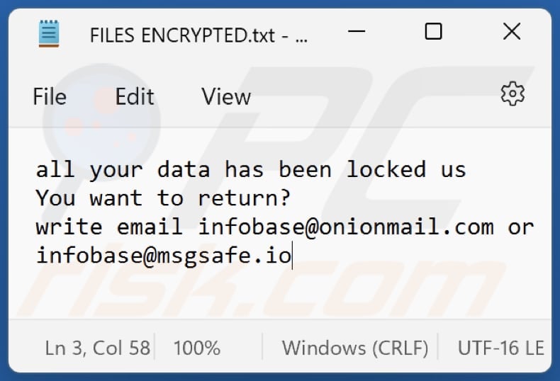 ficheiro txt do ransomware info (FILES ENCRYPTED.txt)