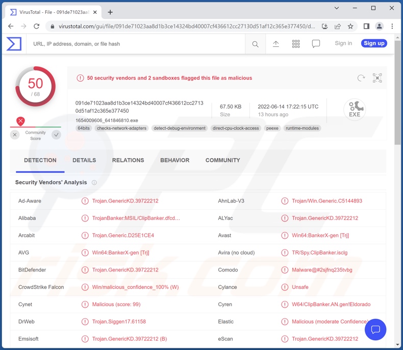 Detecções do malware Keona Clipper em VirusTotal