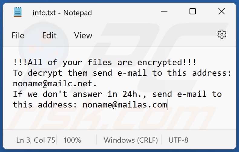 ficheiro de texto do ransomware Non (Phobos) (info.txt)