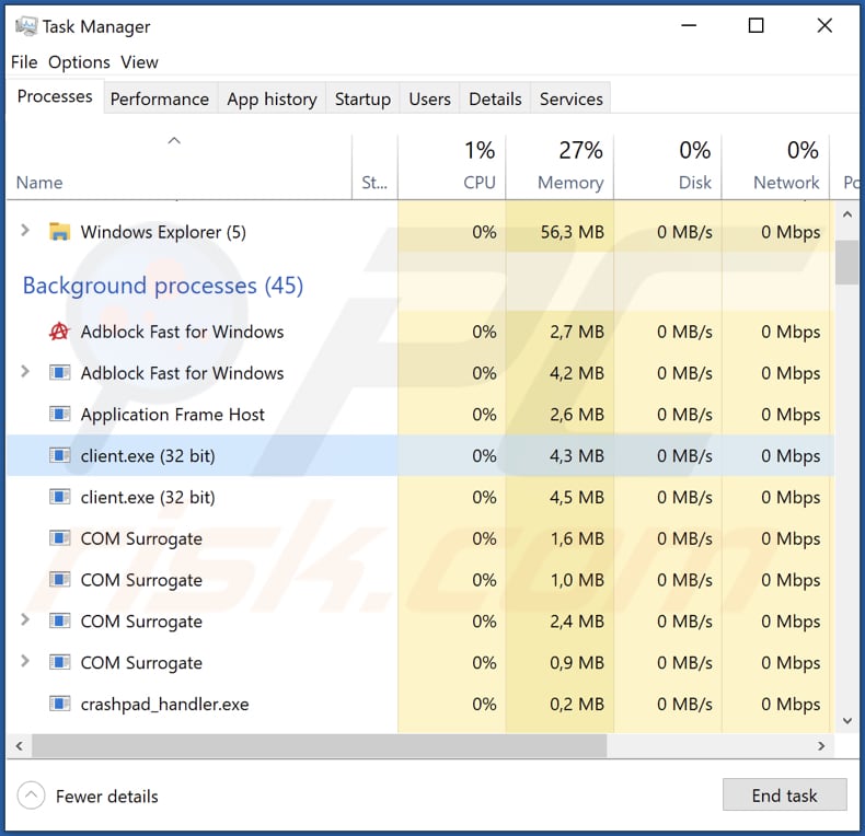 malware proxy2service em execução no gestor de tarefas como client.exe