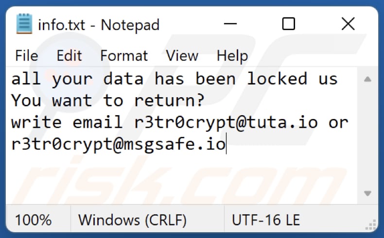 ficheiro txt da nota de resgate do ransomware r3tr0 (info.txt)