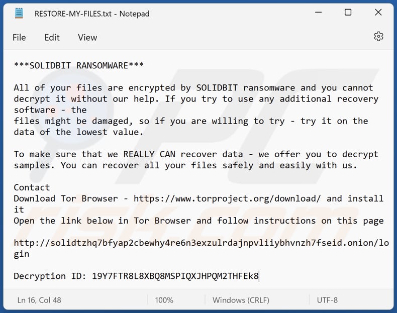 ficheiro de texto de nota de resgate do ransomware solidbit (RESTORE-MY-FILES.txt)