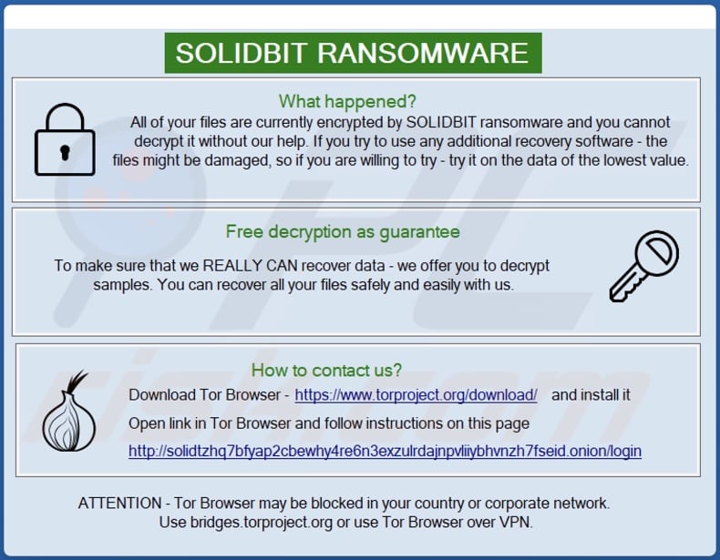 Nota de resgate do ransomware solidbit numa janela pop-up