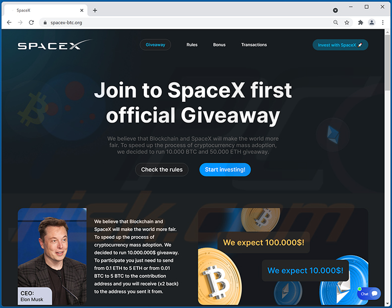 site com tema cripto SpaceX-giveaway - spacex-btc.org