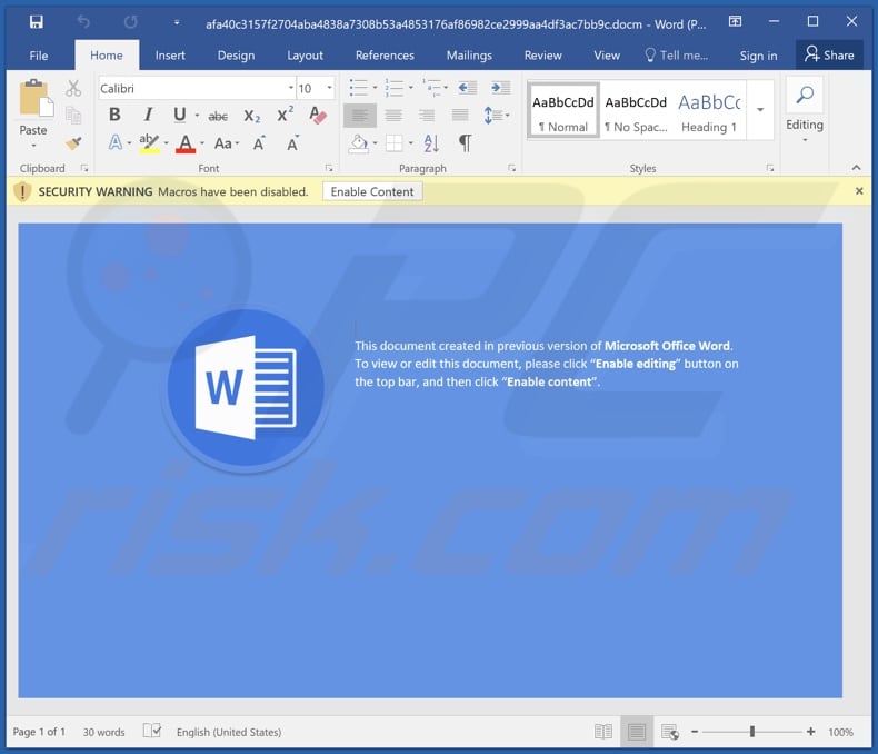 Documento malicioso do MS Word usado para distribuir o SVCReady