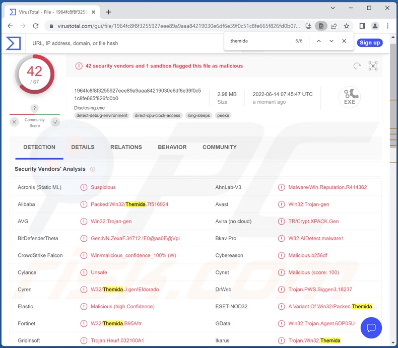 detecções Themida no VirusTotal