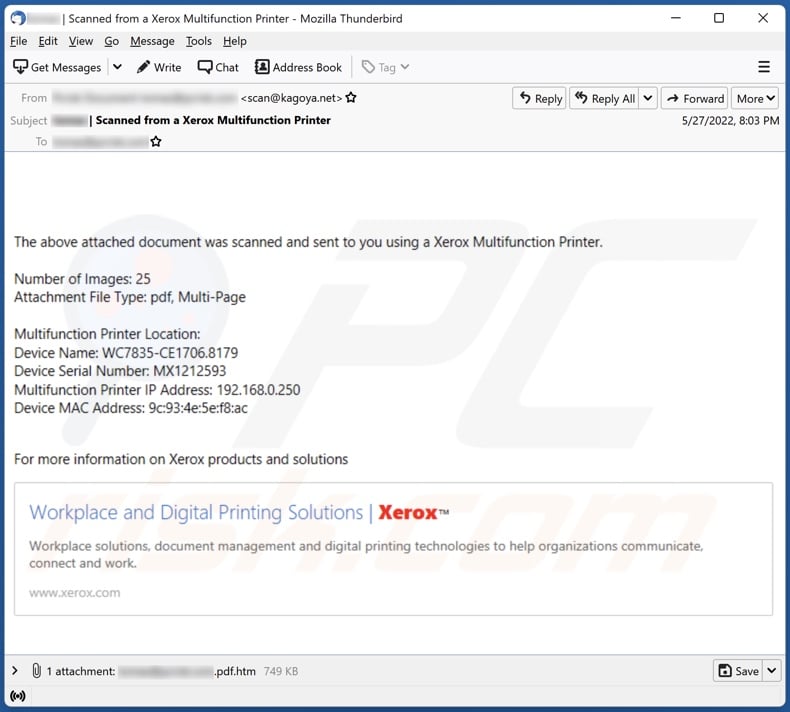 campanha de spam por e-mail Xerox Multifunction Printer