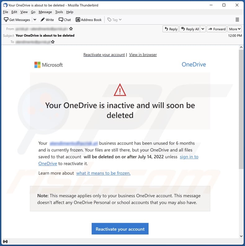 campanha de spam por email Your OneDrive Is Inactive And Will Soon Be Deleted