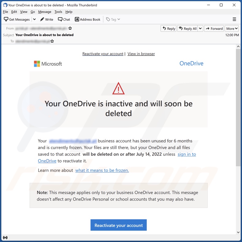 campanha de spam por email Your OneDrive Is Inactive And Will Soon Be Deleted