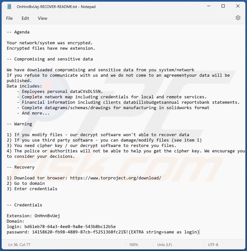 Ficheiro de texto do ransomware Agenda ([random_string]-RECOVER-README.txt)