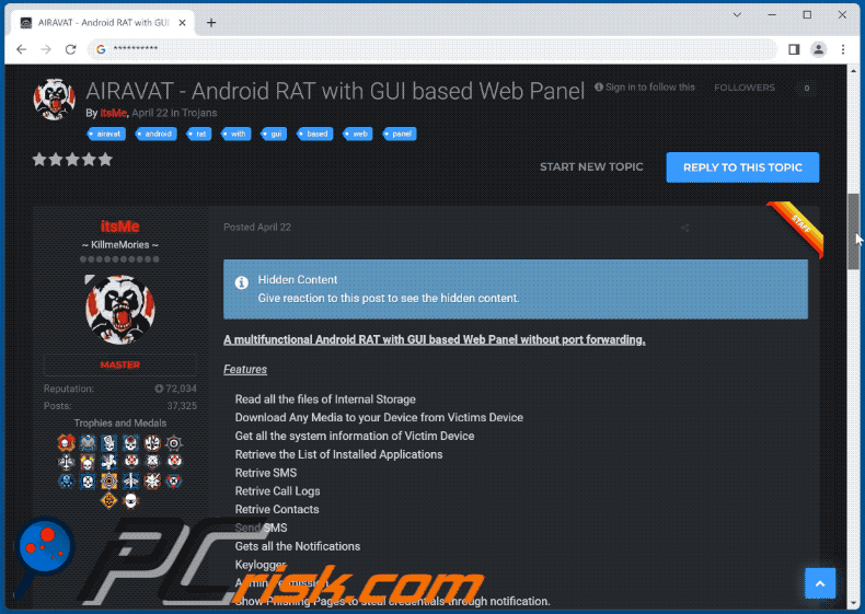 Trojan de acesso remoto AIVARAT promovido em fórum pirata (GIF)