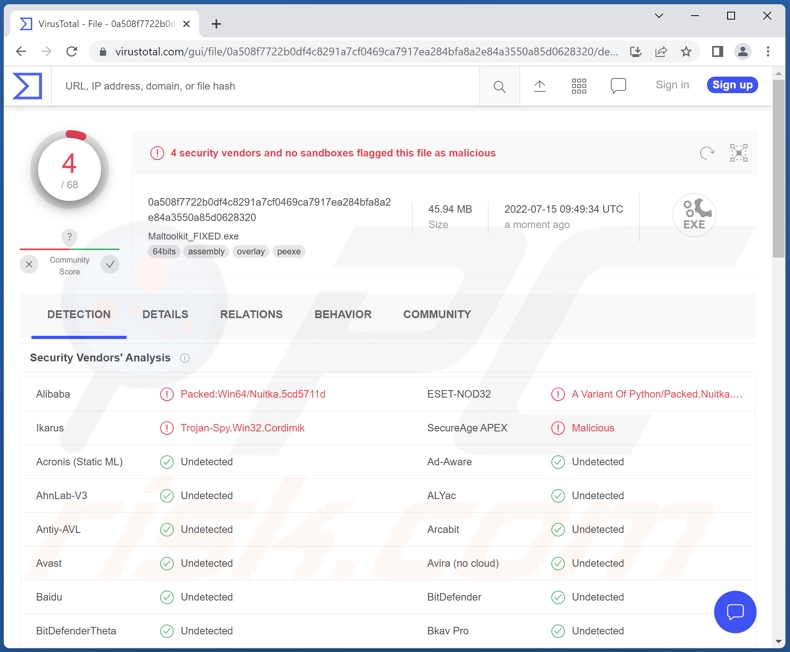 detecções do malware ApolloRAT no VirusTotal