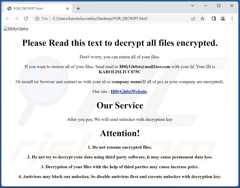 mensagem de pedido de resgate do ransomware H0lyGh0st (FOR_DECRYPT.html)