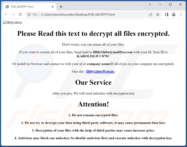 mensagem de pedido de resgate do ransomware H0lyGh0st (FOR_DECRYPT.html)