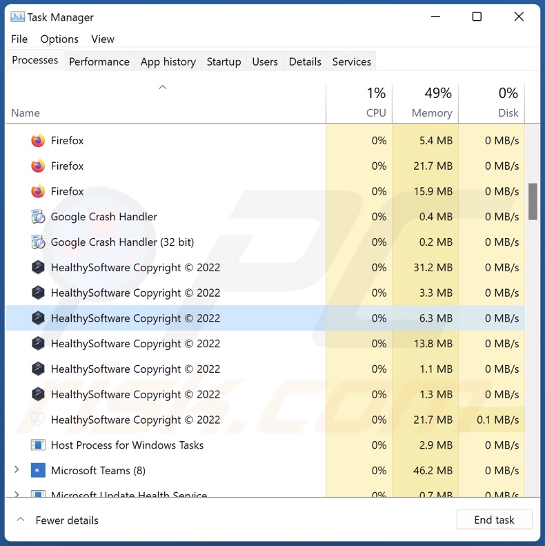 processo do adware Healthy no Gestor de Tarefas (HealthySoftware Copyright © 2022 - nome do processo)