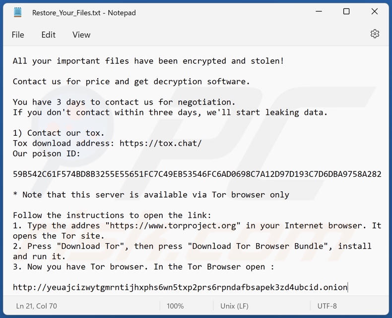 mensagem de pedido de resgate do ransomware Lilith (Restore_Your_Files.txt)