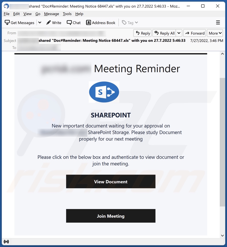 campanha de spam por email Meeting Reminder