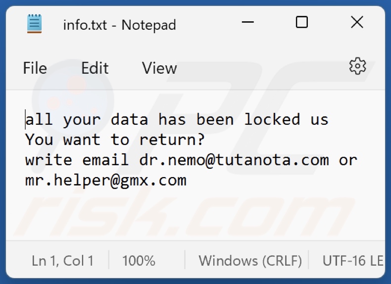 ficheiro de texto do ransomware NMO (info.txt)
